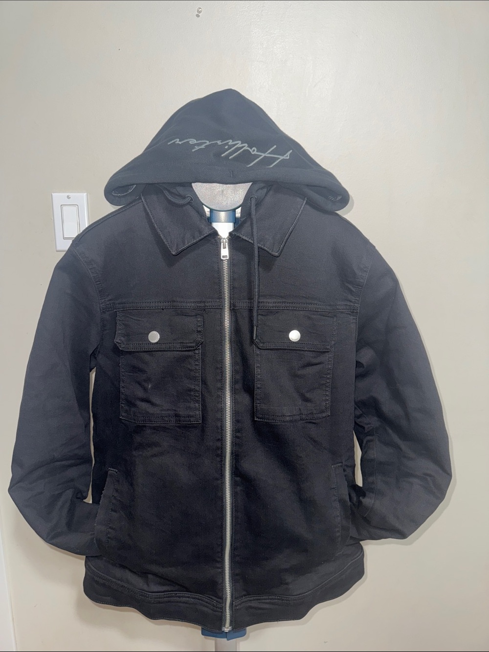 Men Hollister Black Hooded Denim Puffer Jacket with Collar Size US M